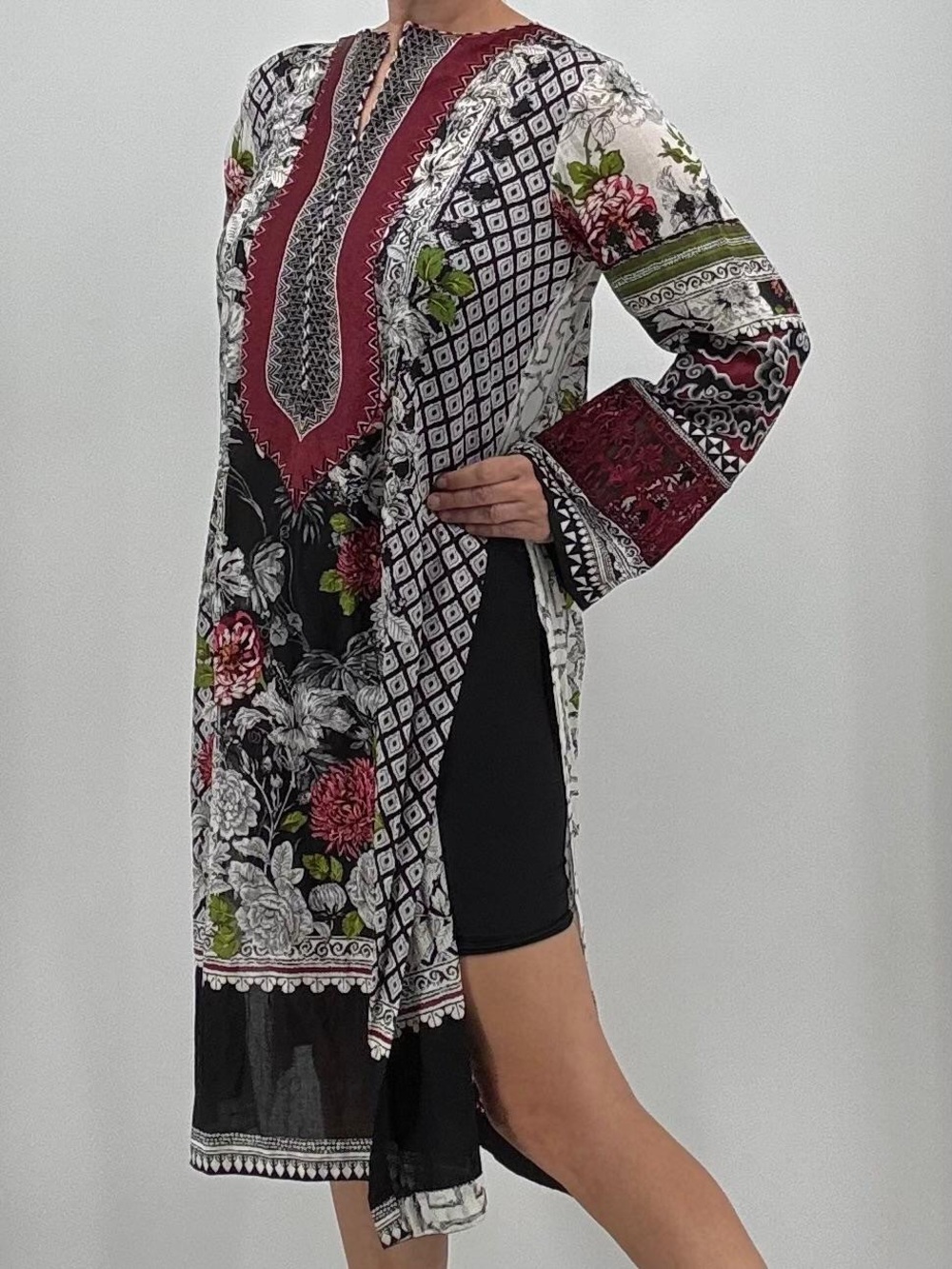 Elan Traditional Pakistani Indian Embroidered Floral Cotton Lace Kaftan Kurta
